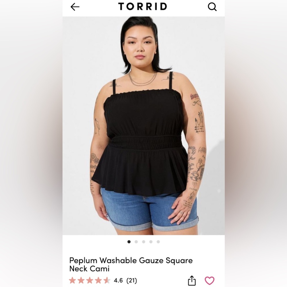 Torrid Black Peplum Washable Gauze Square Neck Cami Top